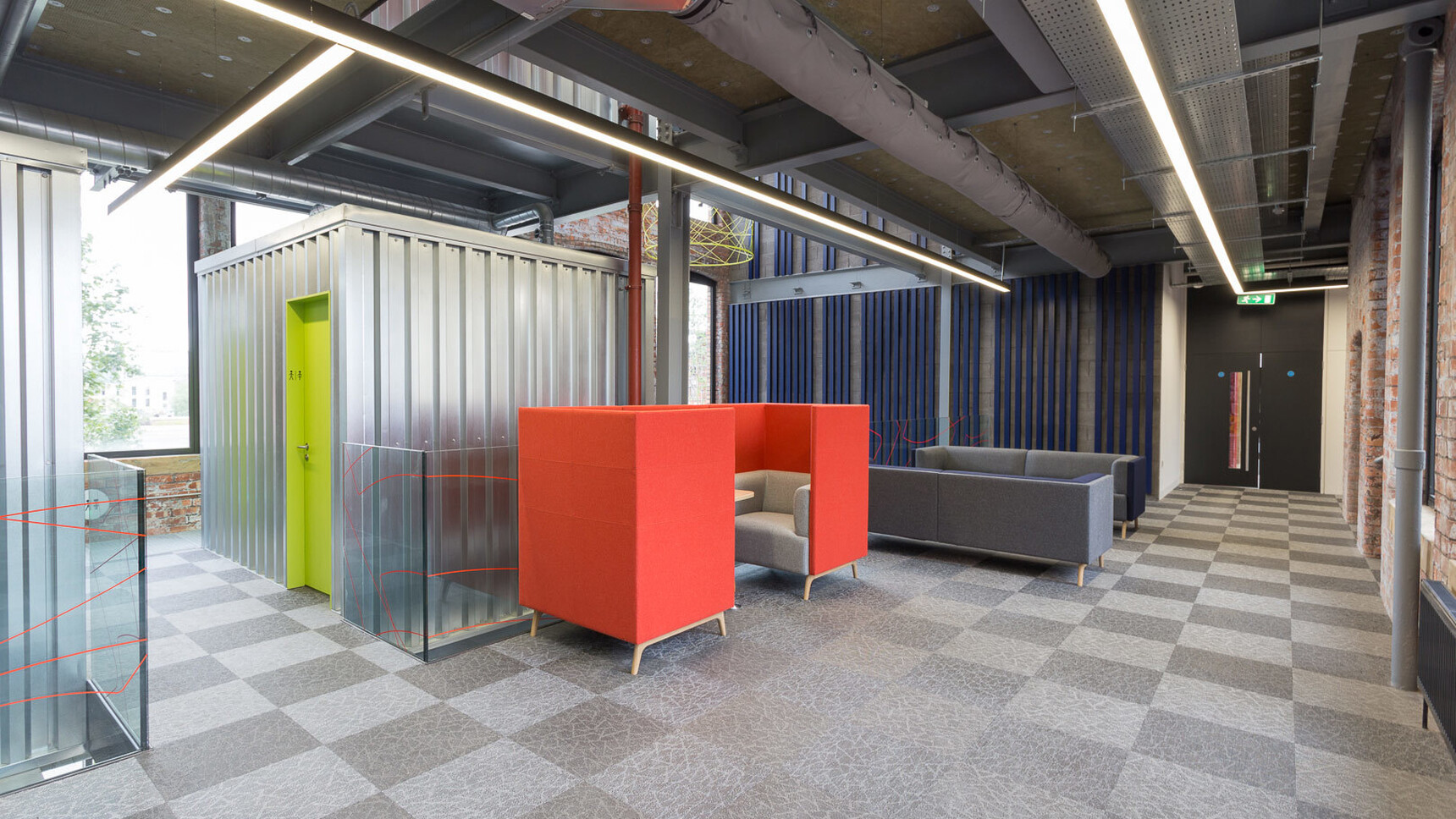 Connection Tryst Open Ended High Back Media Booth Orange Upholstery In Office Environment