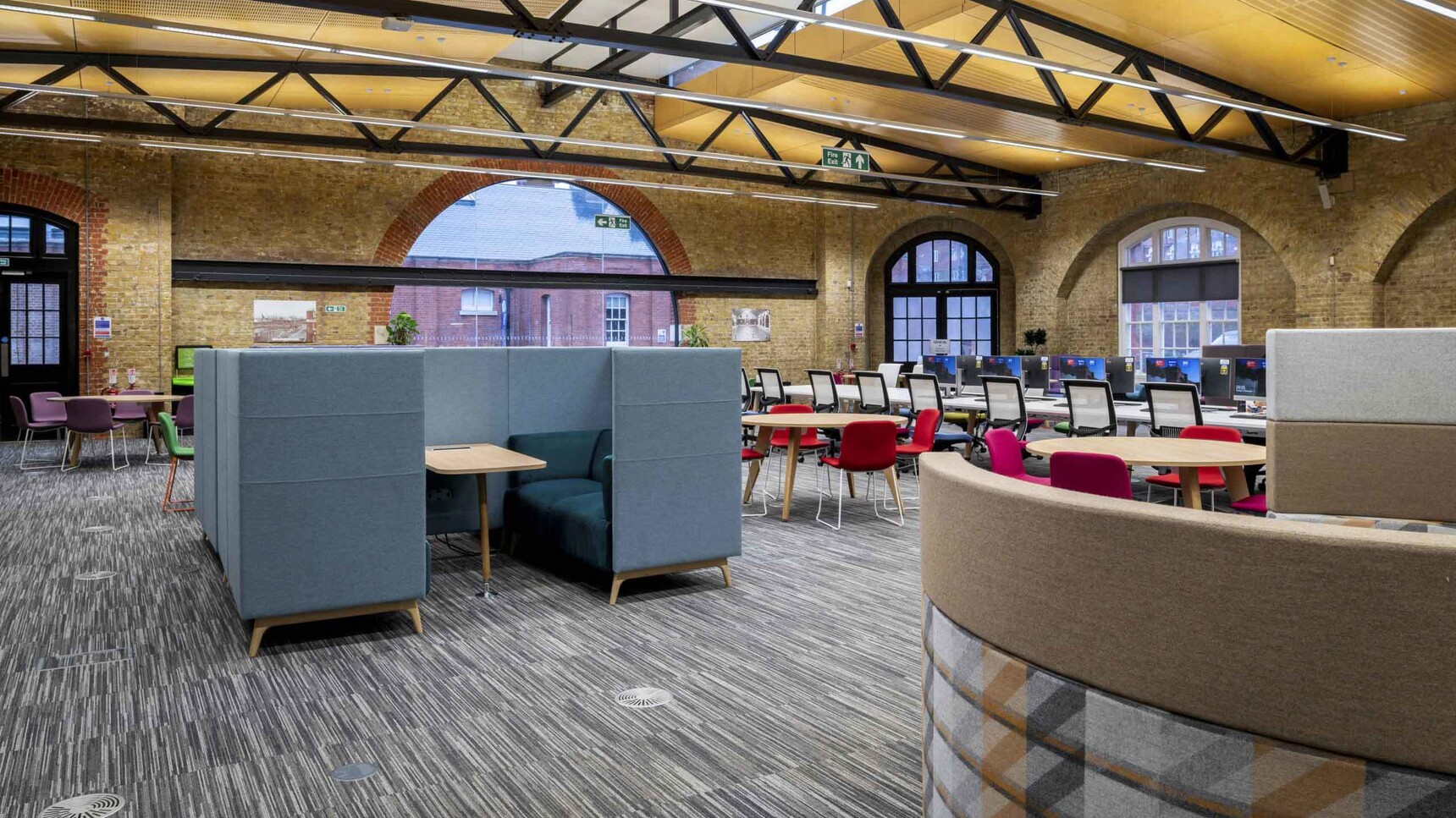 Connection Tryst Open Ended High Back Media Booths Blue Upholstery In Office Environment