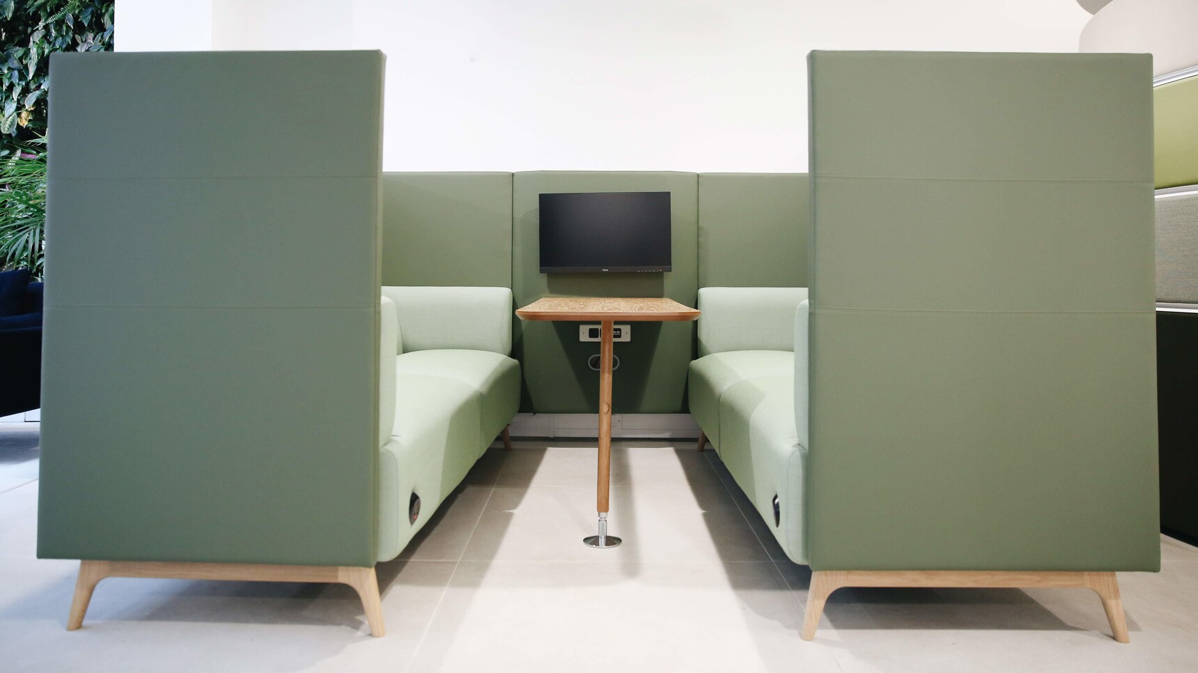 Connection Tryst Open Ended High Back Media Booth Green Upholstery In Office Setting