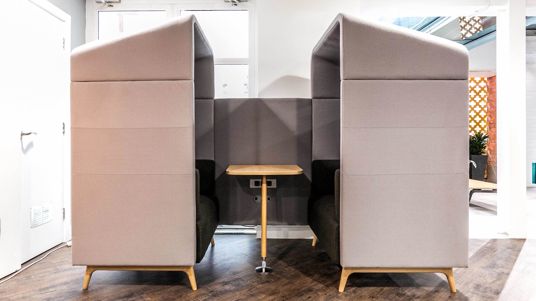 Connection Tryst High Back Four Seater Canopy Booth In Office Setting