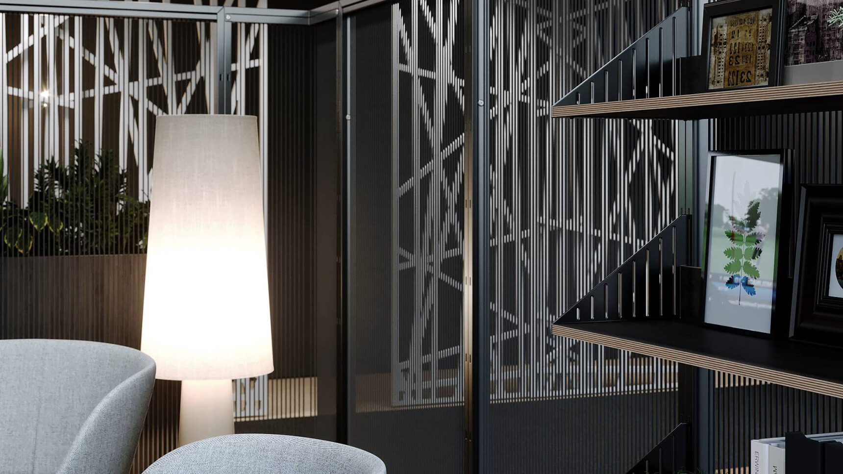 Connection Harp Lounge Space Divider Detail Image Of Shelves