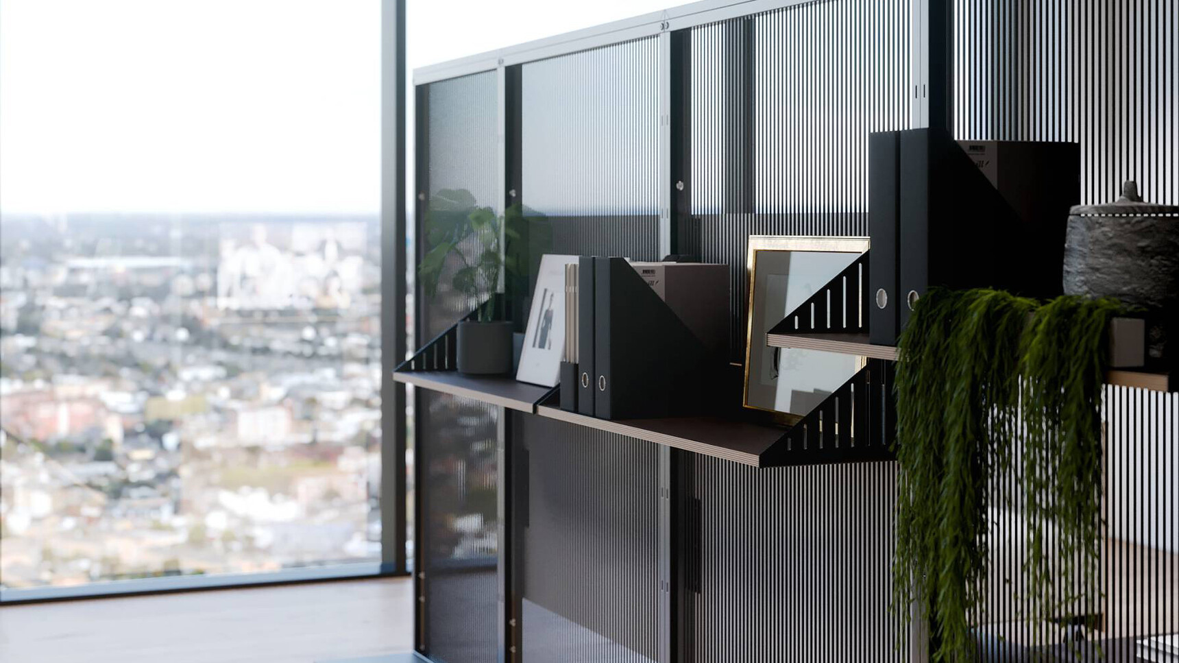 Connection Harp Lounge Space Divider Detail Image Of Shelving In Office Setting