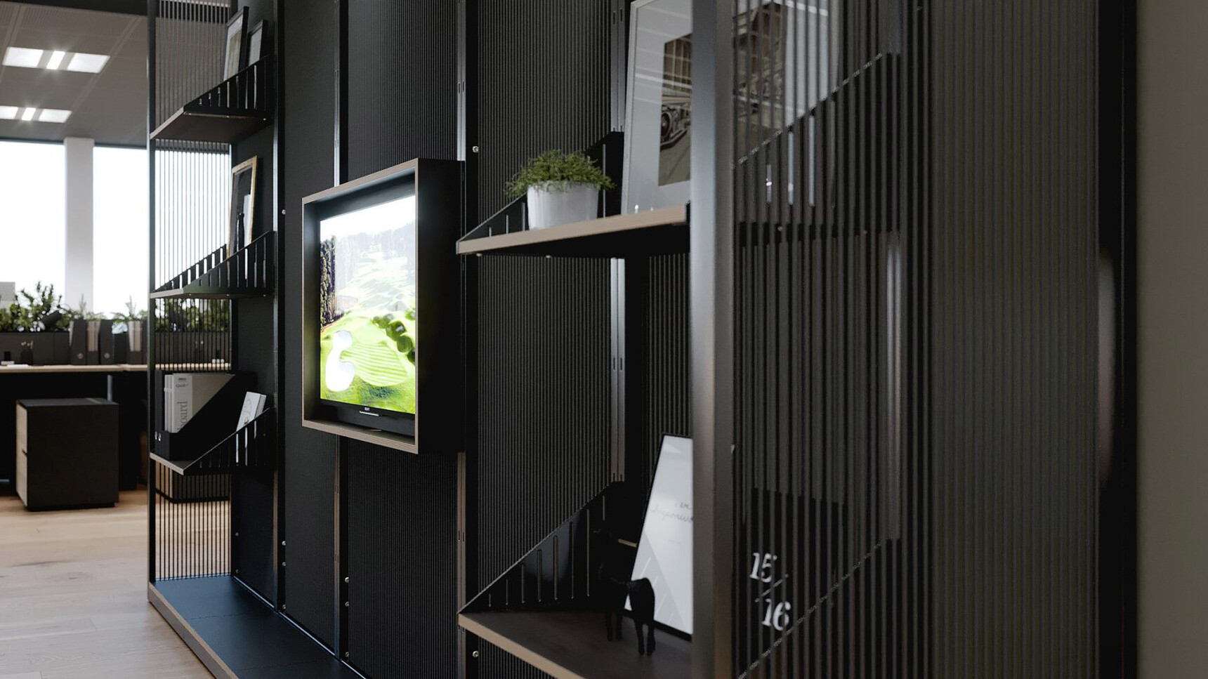 Connection Harp Lounge Space Divider Black Cords Detail Image Of Media Unit