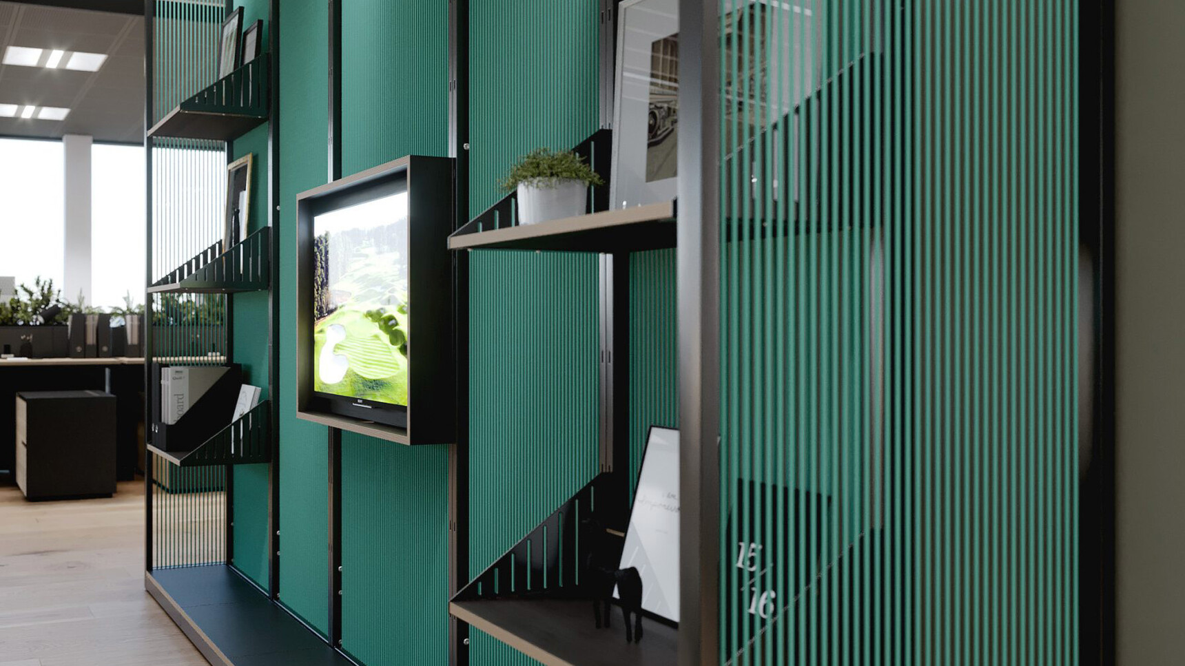 Connection Harp Lounge Space Divider Green Cords Detail Image Of Media Unit