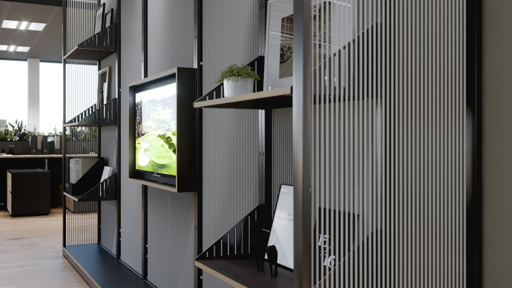 Connection Harp Lounge Space Divider Grey Cords Detail Image Of Media Unit