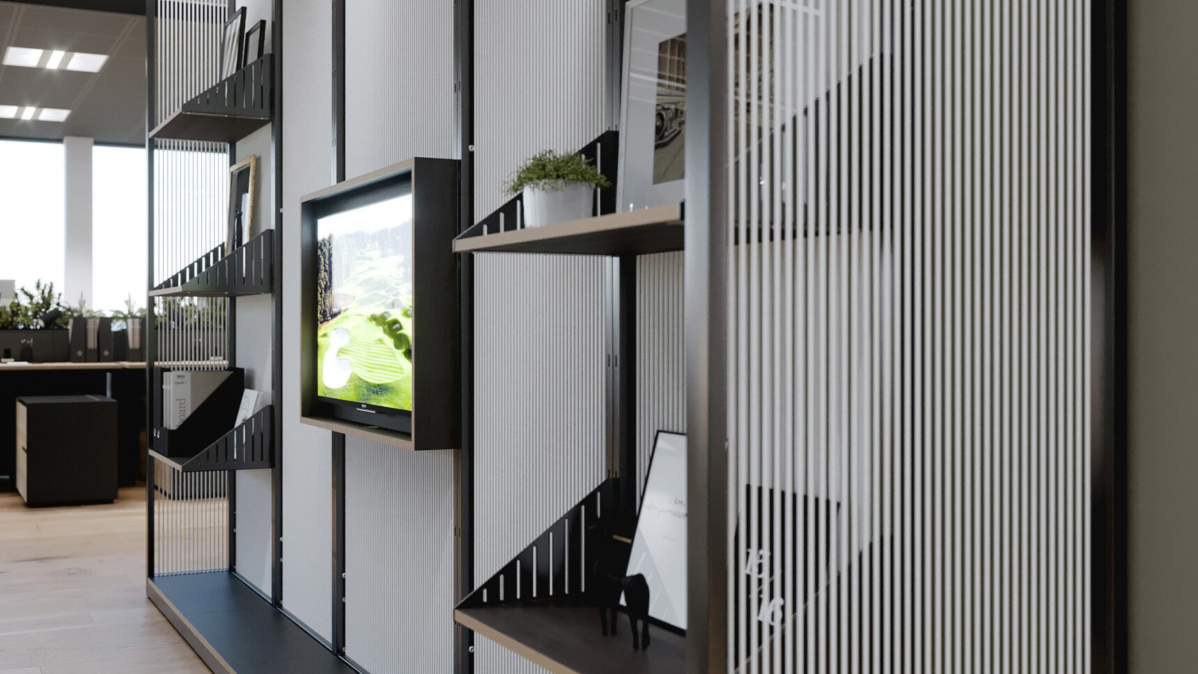 Connection Harp Lounge Space Divider White Cords Detail Image Of Media Unit