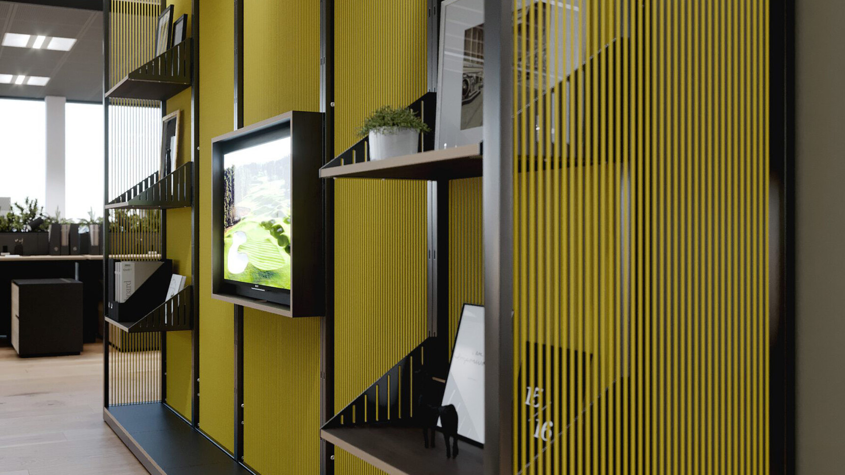 Connection Harp Lounge Space Divider Yellow Cords Detail Image Of Media Unit