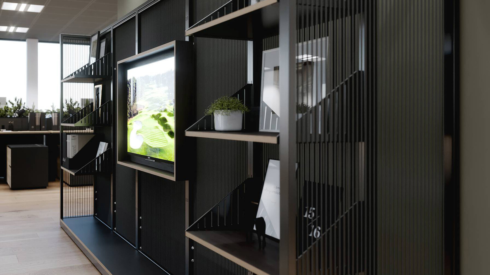 Connection Harp Lounge Space Divider Detail Image Of Media Unit