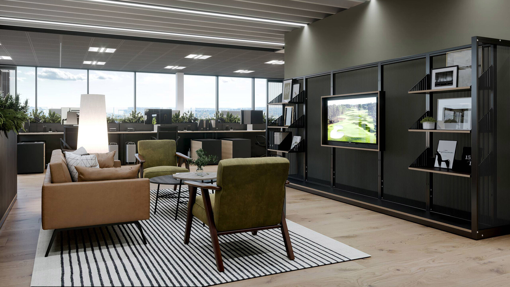 Connection Harp Lounge Space Divider With Camden Chairs In Office Environment