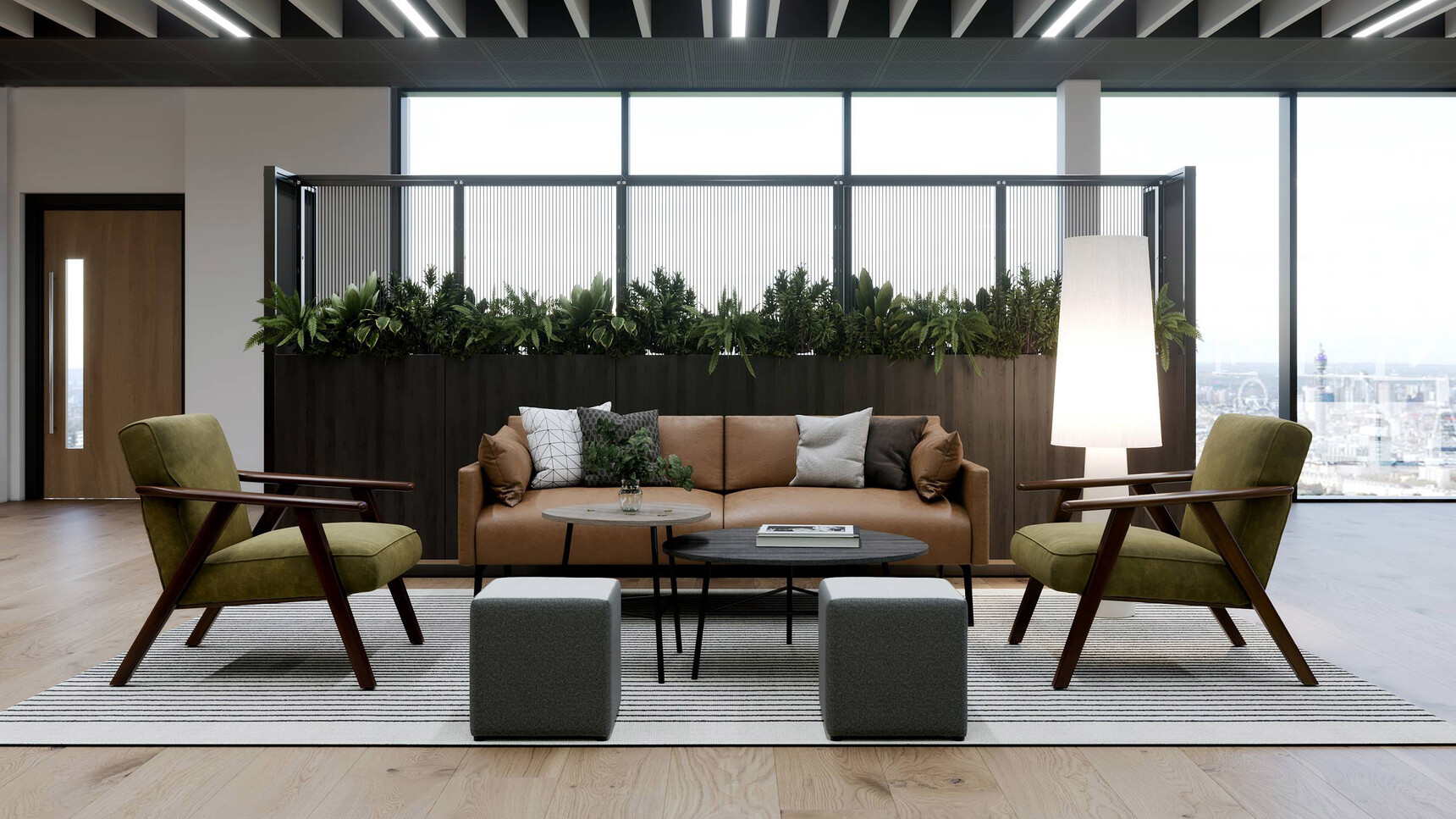 Connection Harp Lounge Space Divider With Camden Chairs In Office Setting