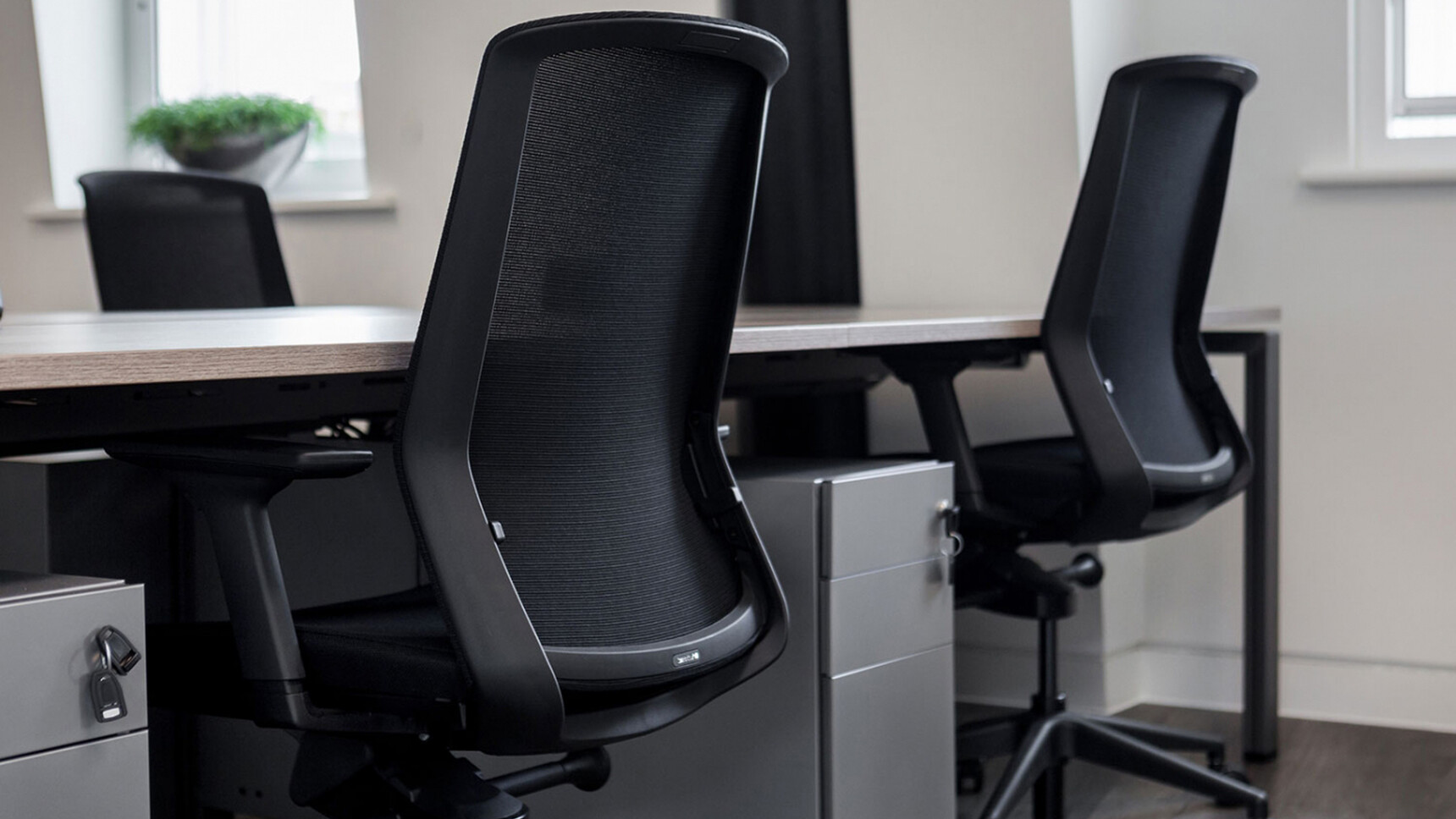 Three Workstories J1 Mesh Back Office Chairs Black Upholstery Finish At Desks Detail Image