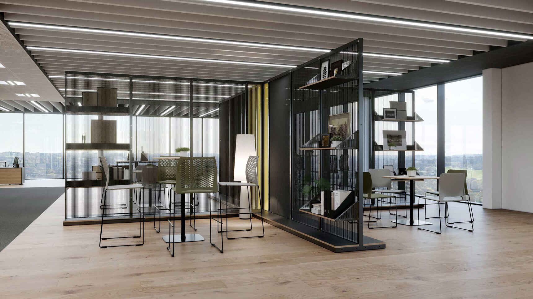 Connection Harp Cross Space Divider Black Finish In Office Setting