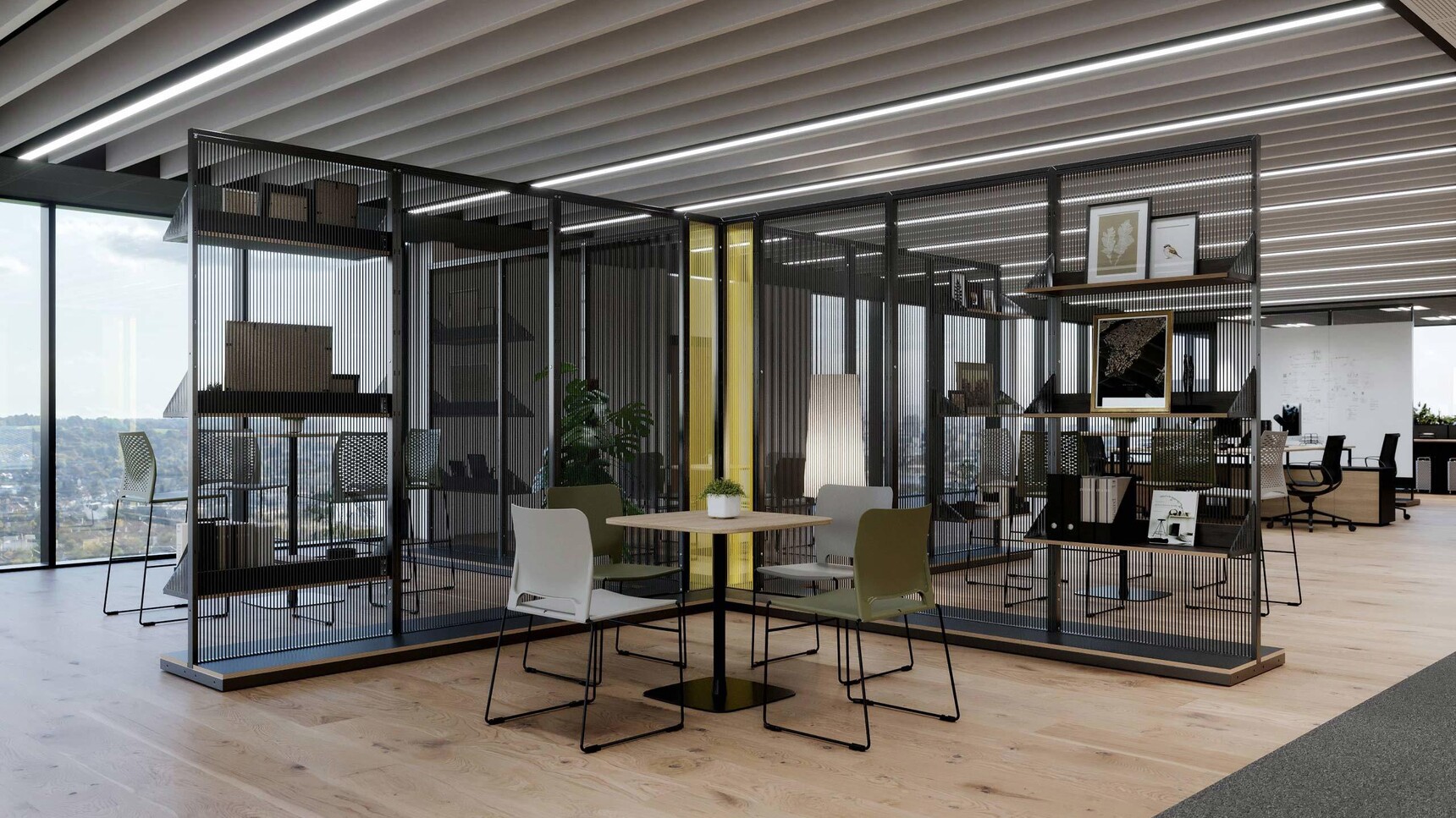 Connection Harp Cross Space Divider Black Finish In Office Environment