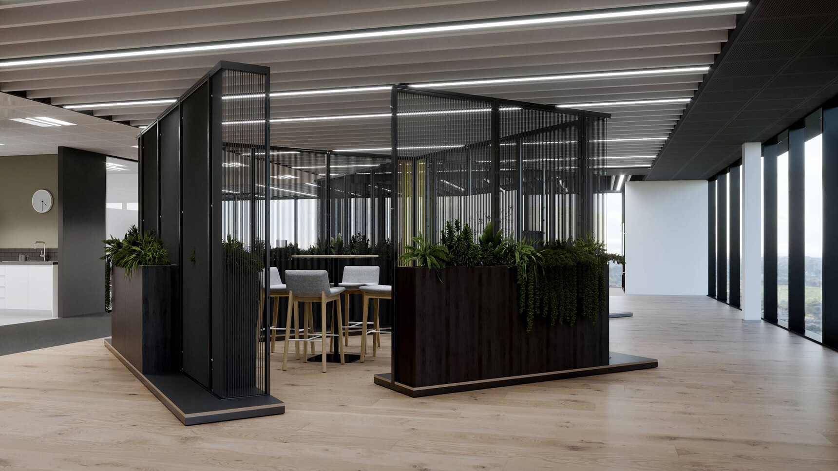 Connection Harp Cross Cut-Out Space Divider In Office Environment