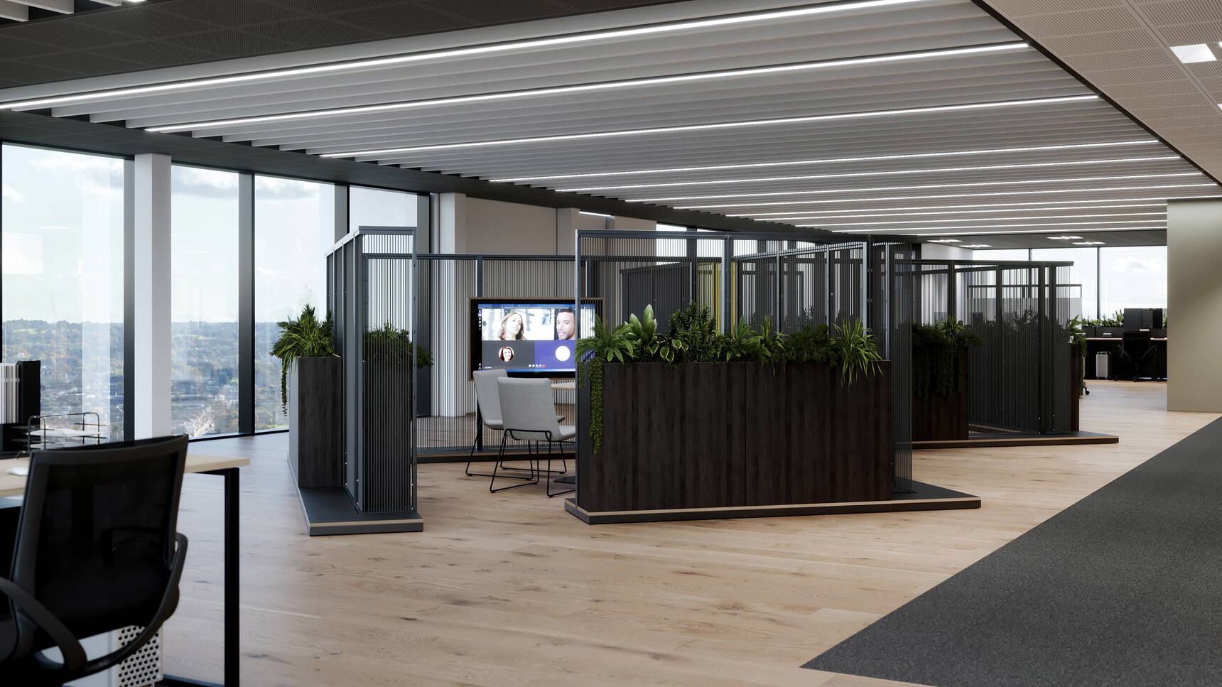 Connection Harp Cross Cut-Out Space Divider In Office Setting