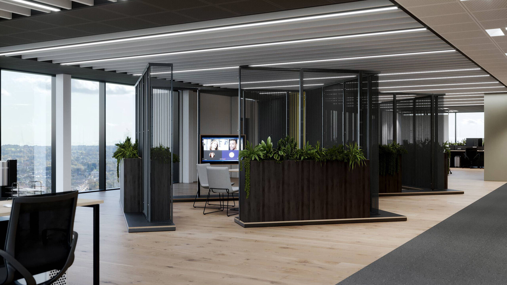 Connection Harp Cross Cut-Out Space Divider Black Cords In Office Setting