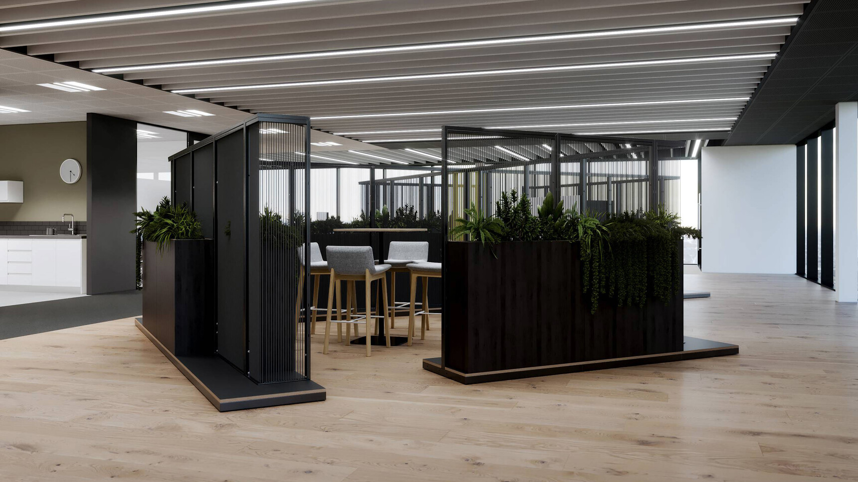 Connection Harp Cross Cut-Out Space Divider Black Cords In Office Environment