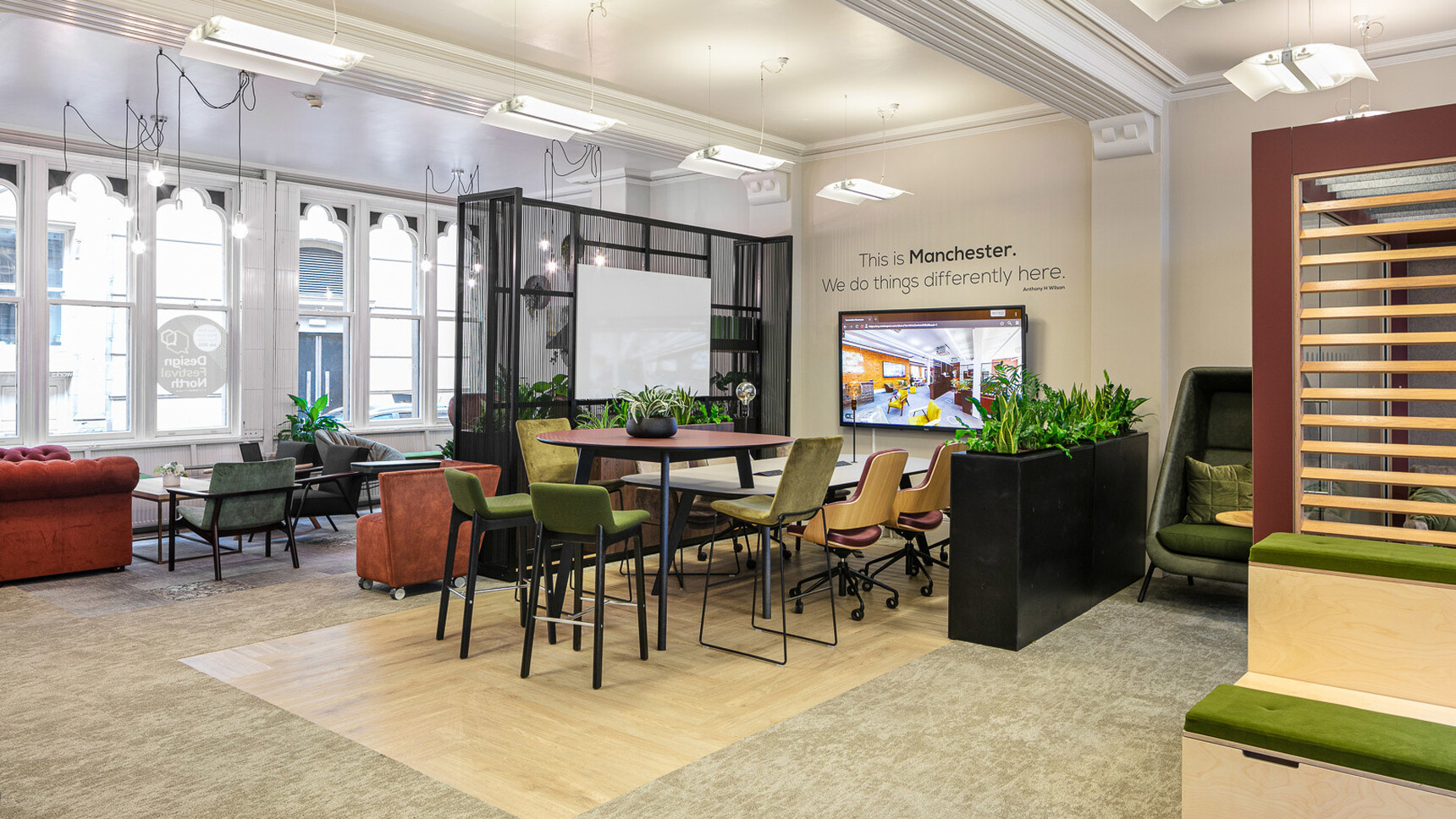 Connection Co. Table Poseur Height Table With Chairs And Stools At Table In Office Setting