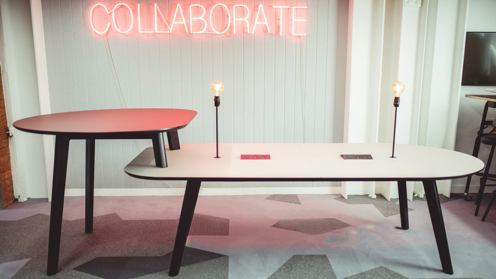 Connection Co. Table Poseur Height Table White Top With Power In Office Setting