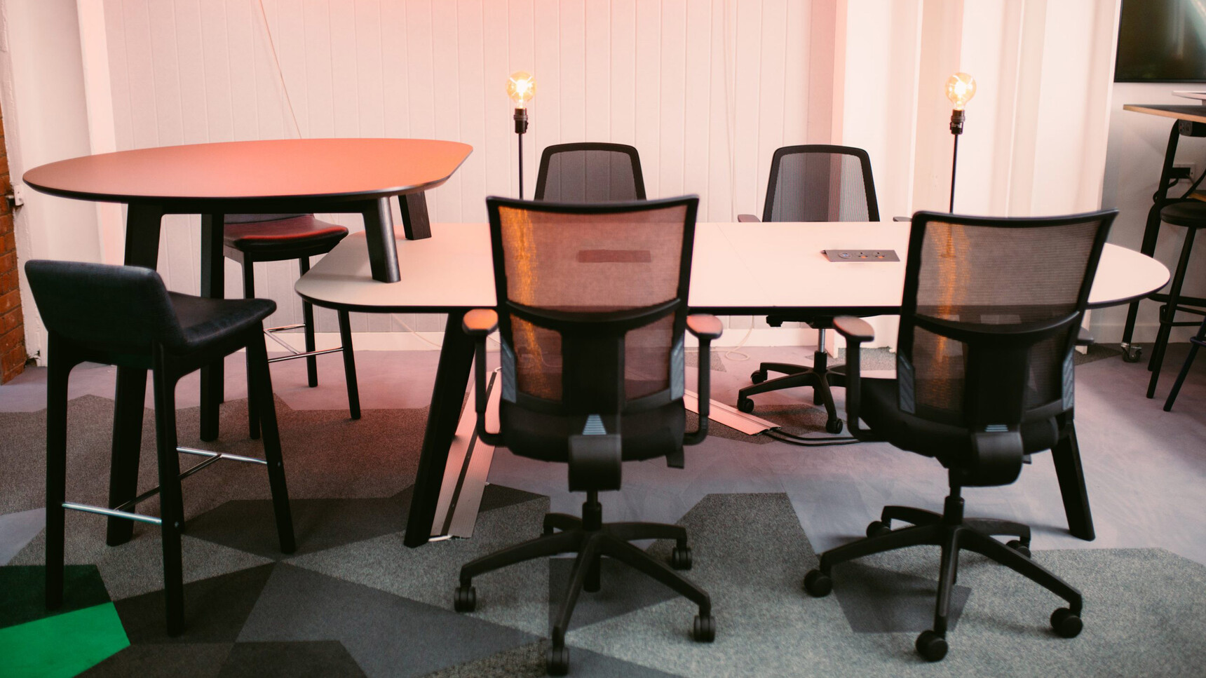 Connection Co. Table Poseur Height Table White Top In Office Setting