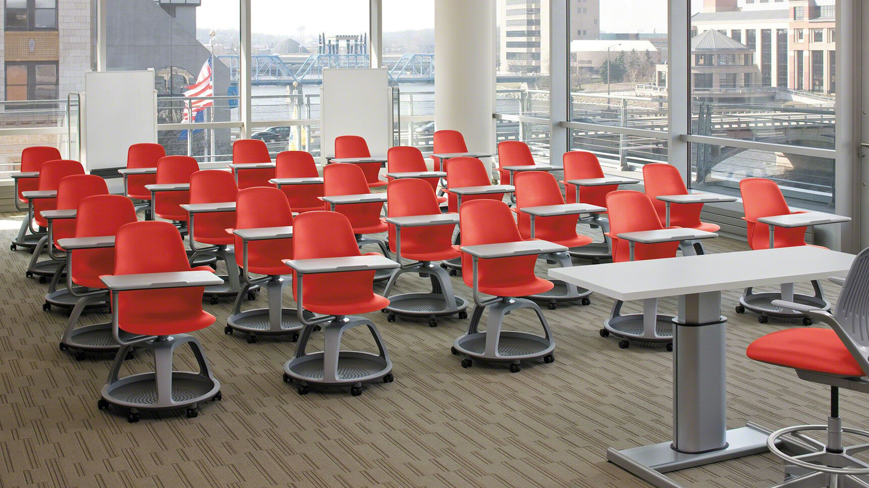 Twenty Five Steelcase Node Tripod Base Chairs with Table And Grey Frame And Castors Castors With Plastic Back And Seat In Red At Desk With Red Cobi Draughtsman Office Chair At Desk