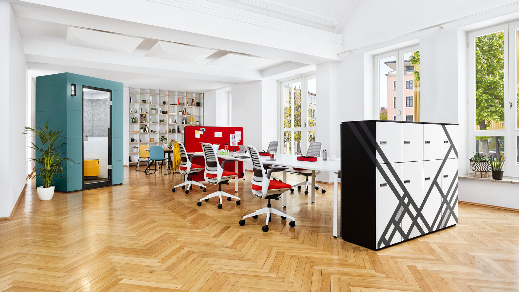 Steelcase Frameone Goalpost Leg Bench Desk White Top Black Leg Finish Five Series One Chairs Red Upholstery White Frame Base Storage Cupboard