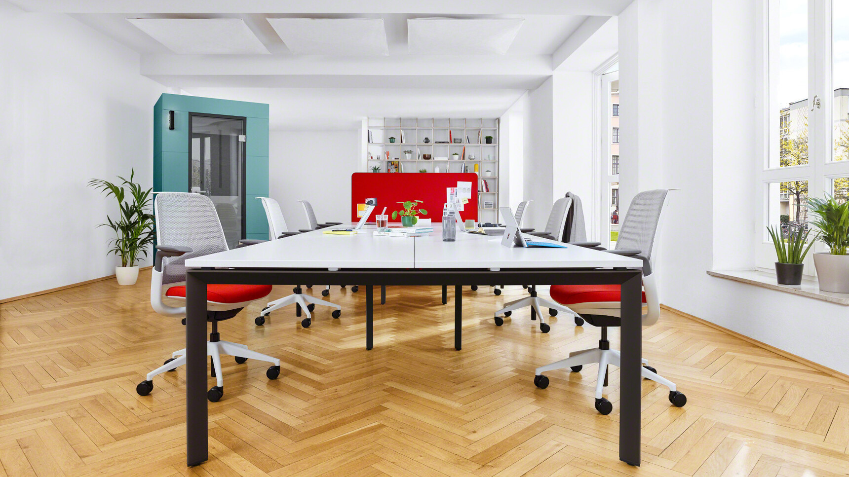 Steelcase Frameone Goalpost Leg Bench Desk White Top Finish Black Leg Finish Six Series One Chairs Red Upholstery White Frame Base