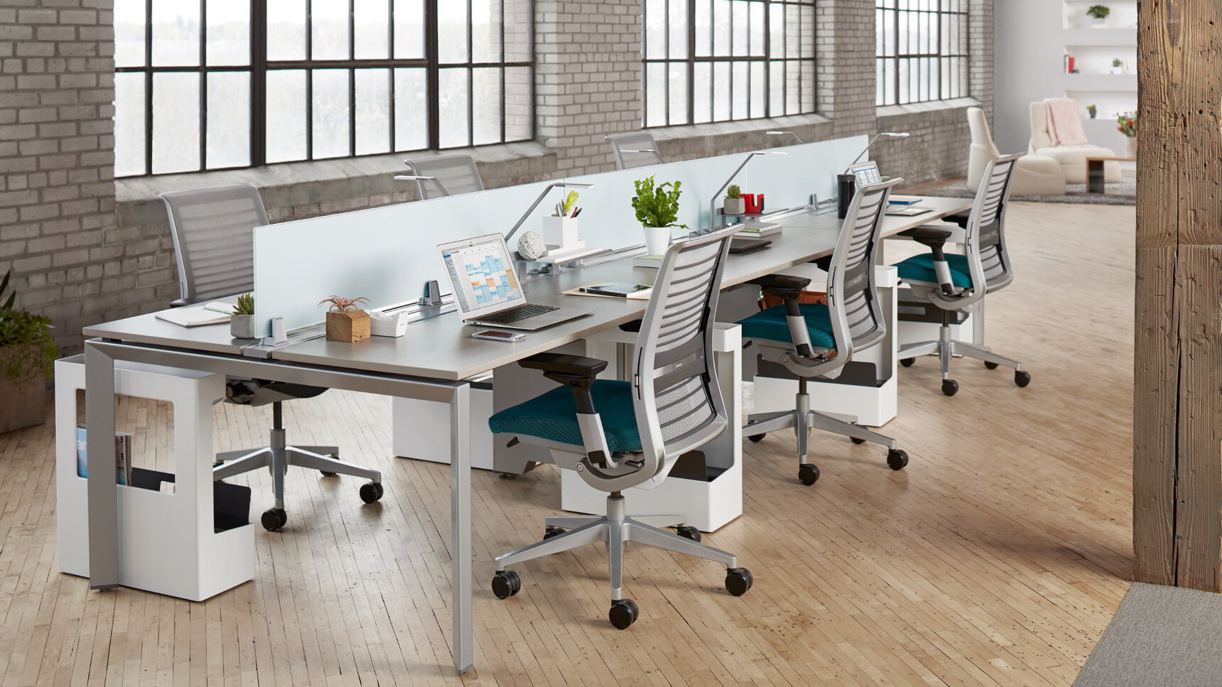Steelcase Frameone Goalpost Leg Bench Desk Wood Top Grey Leg Finish Six Think Upholstered Dark Blue Upholstery Grey Frame Leg Finish At Desk
