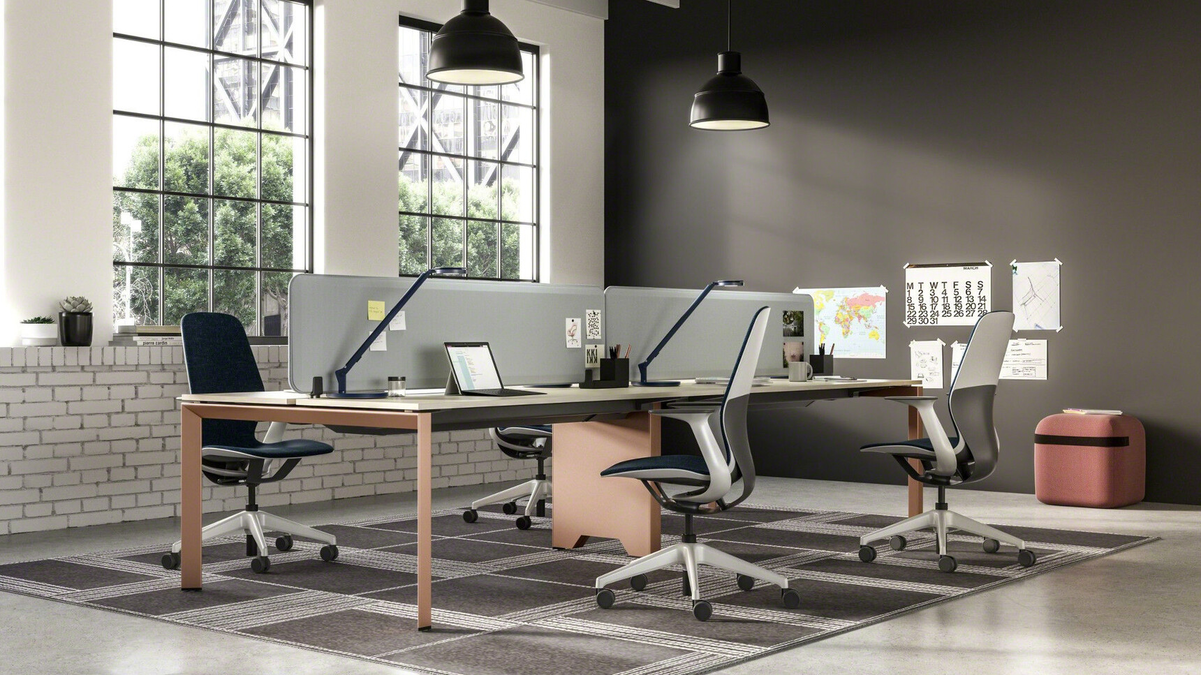 Steelcase Frameone Goalpost Leg Bench Desk White Top Finish Light Brown Leg Finish Four SilQ Upholstered Dark Blue Upholstery Grey Black Frame Grey Legs At Desks