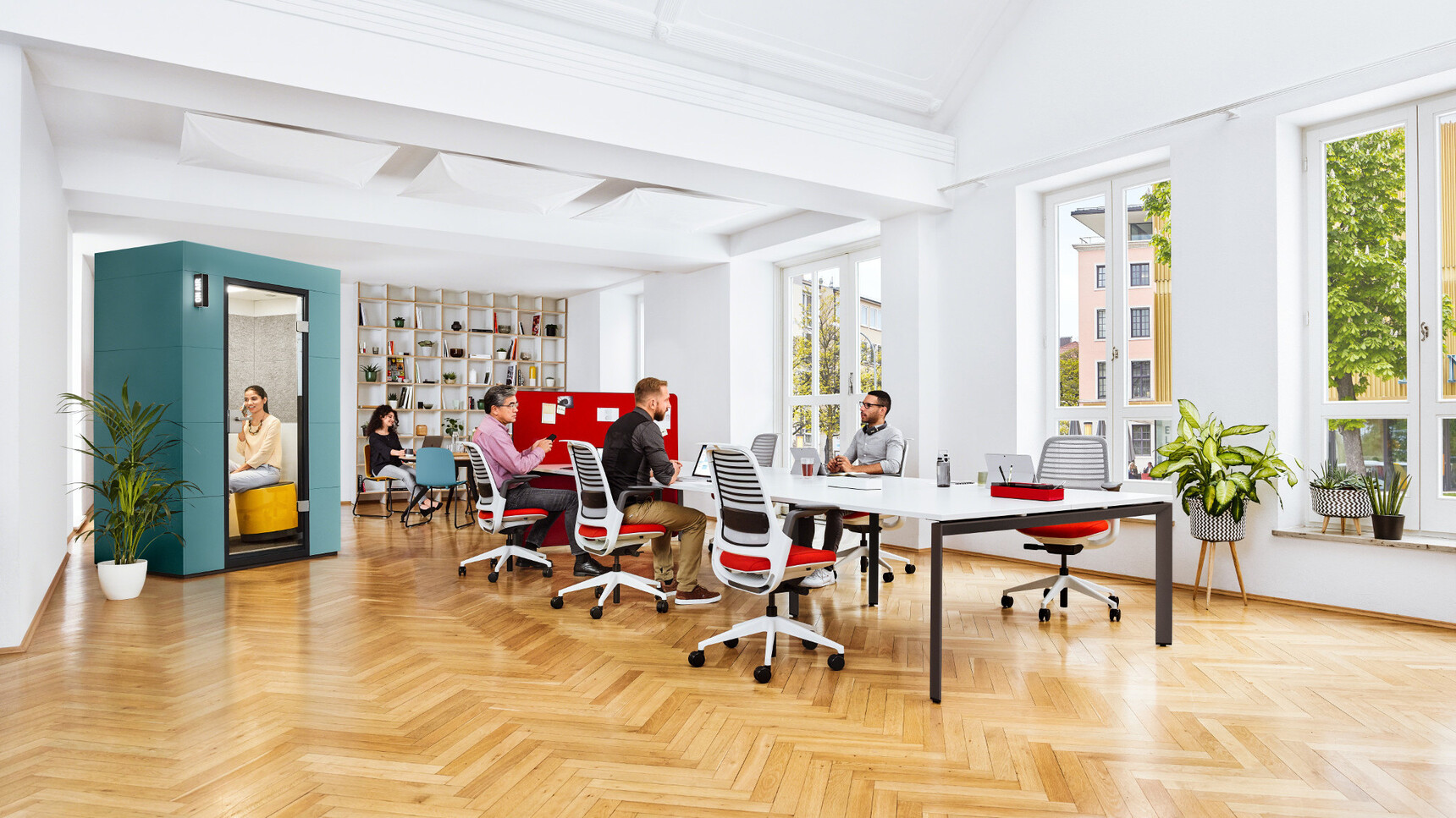 Steelcase Frameone Goalpost Leg Bench Desk White Top Black Leg Finish Six Series One Chairs Red Upholstery White Frame Base At Desk