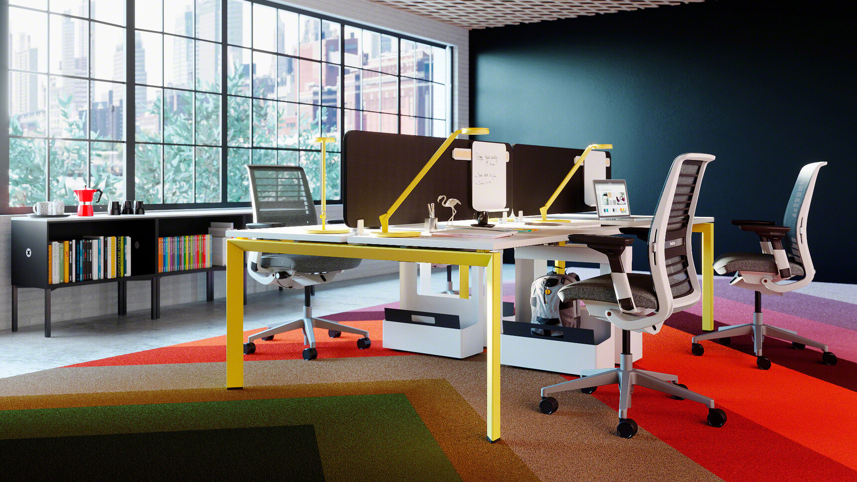Steelcase Frameone Goalpost Leg Bench Desk White Top Yellow Leg Finish Think Upholstered Office Chair Dark Grey Upholstery Grey Arms Leg At Desk