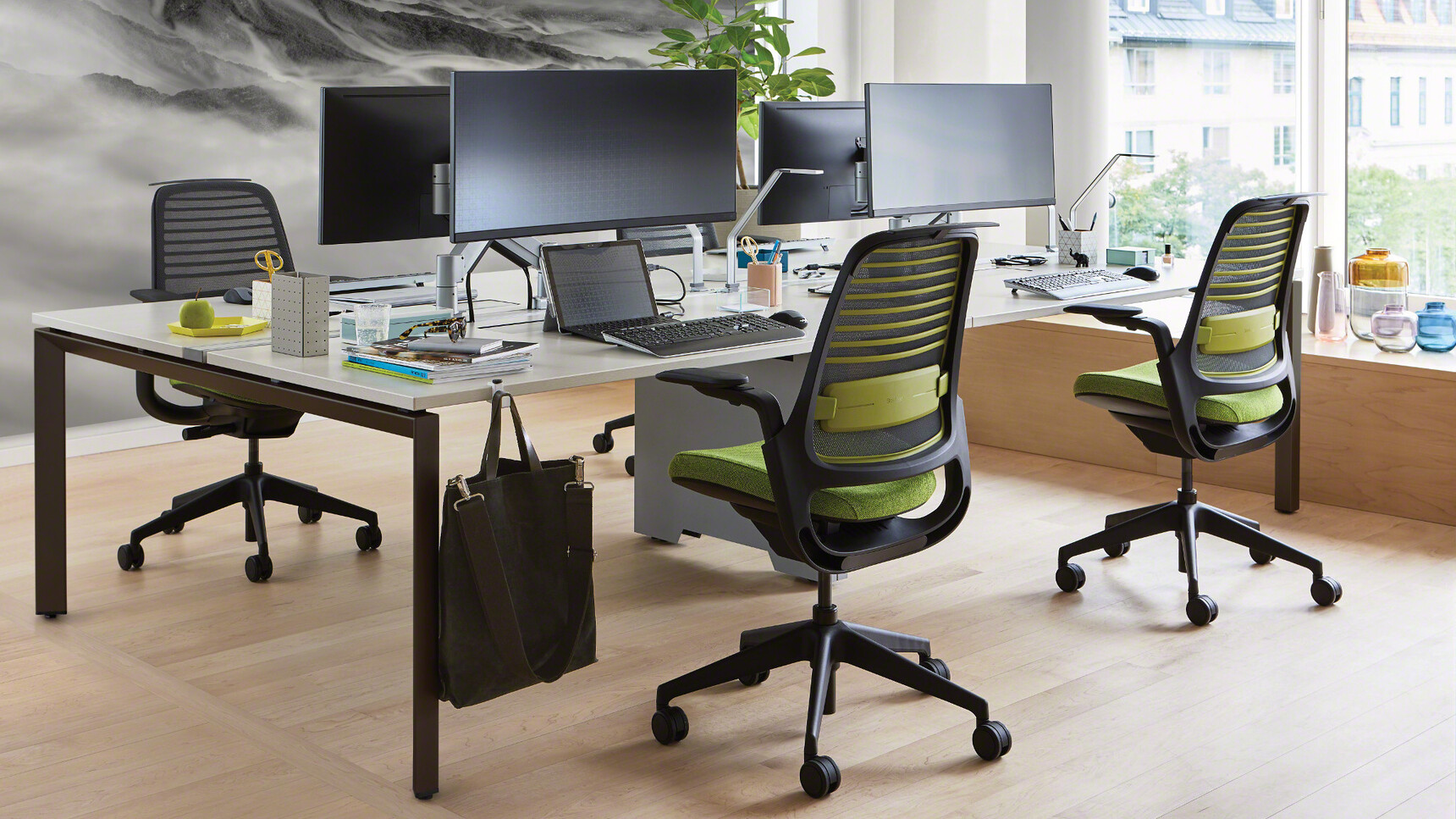 Steelcase Frameone Goalpost Leg Bench Desk White Top Black Leg Finish Four Series One Chairs Green Upholstery Black Frame Leg Finish At Desk