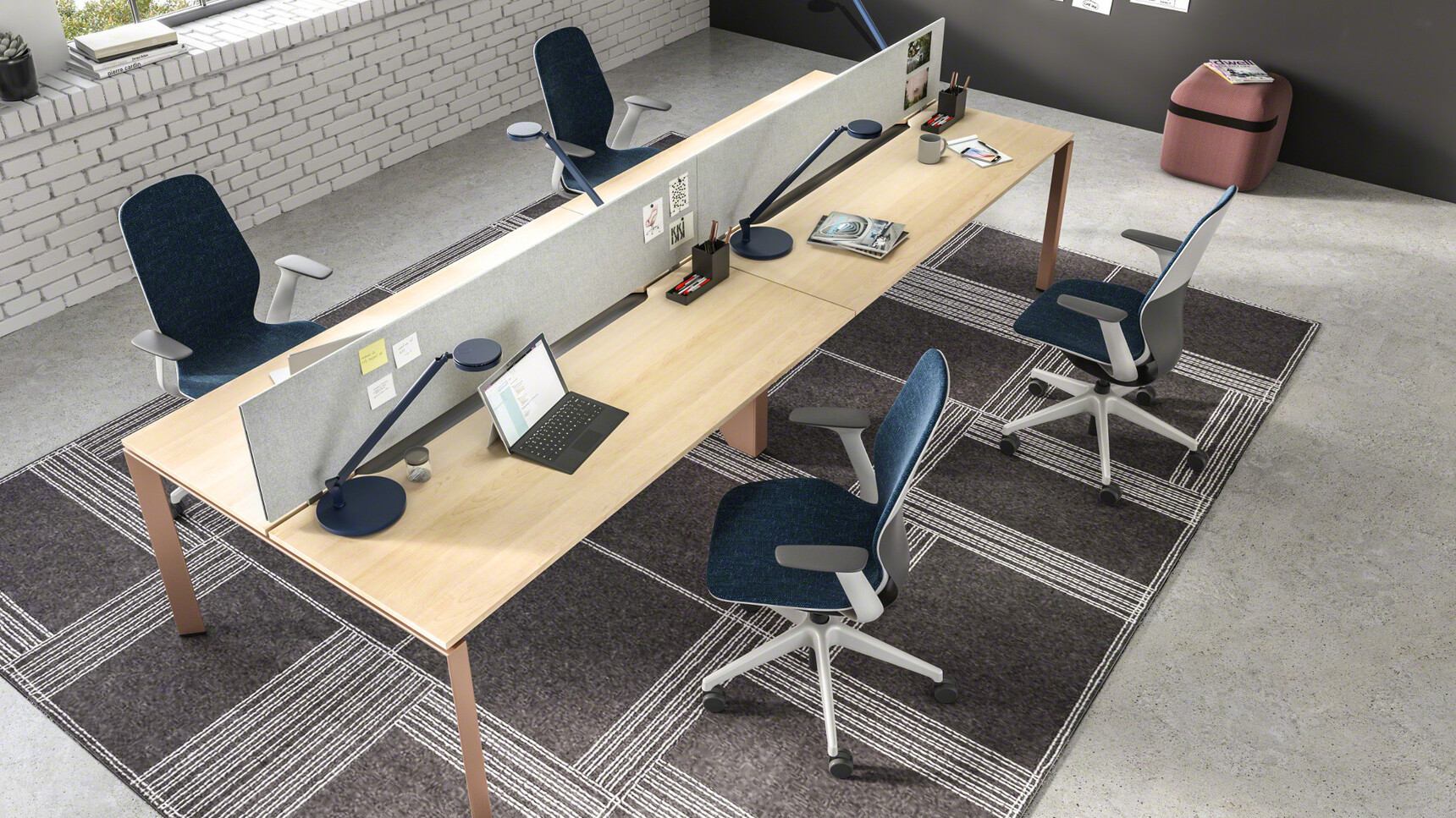 Steelcase Frameone Goalpost Leg Bench Desk Wood Top Light Brown Leg Finish Personal Screen Four SilQ Upholstered Office Chairs Dark Blue Upholstery