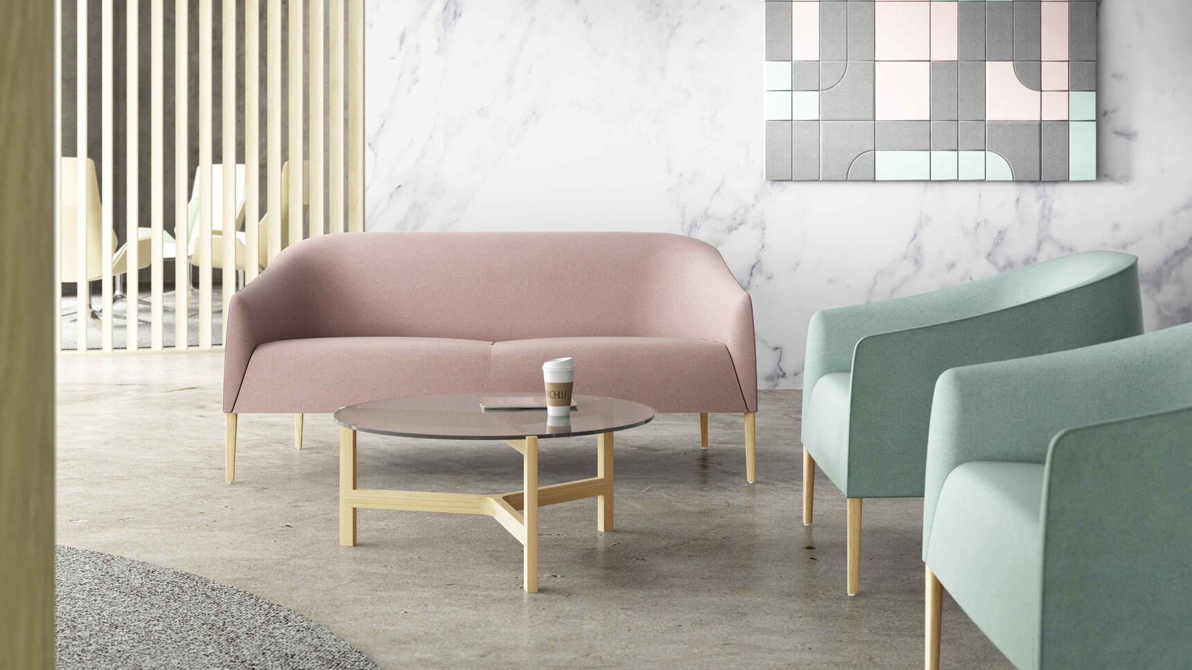 Boss Design Manta Sofa With Amrchairs In Office Setting