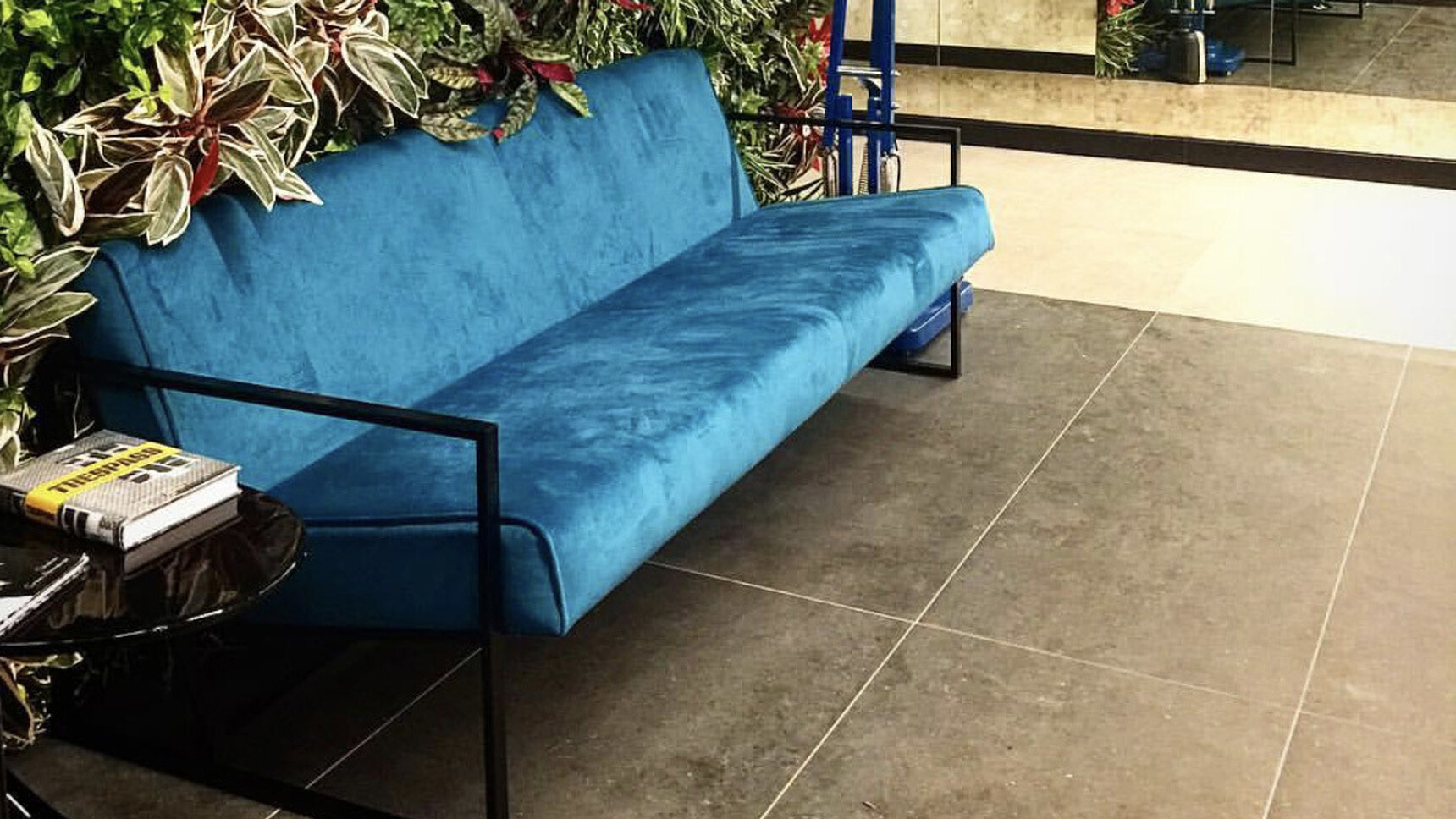 OBB Audrey Sofa Blue Upholstery In Office Setting