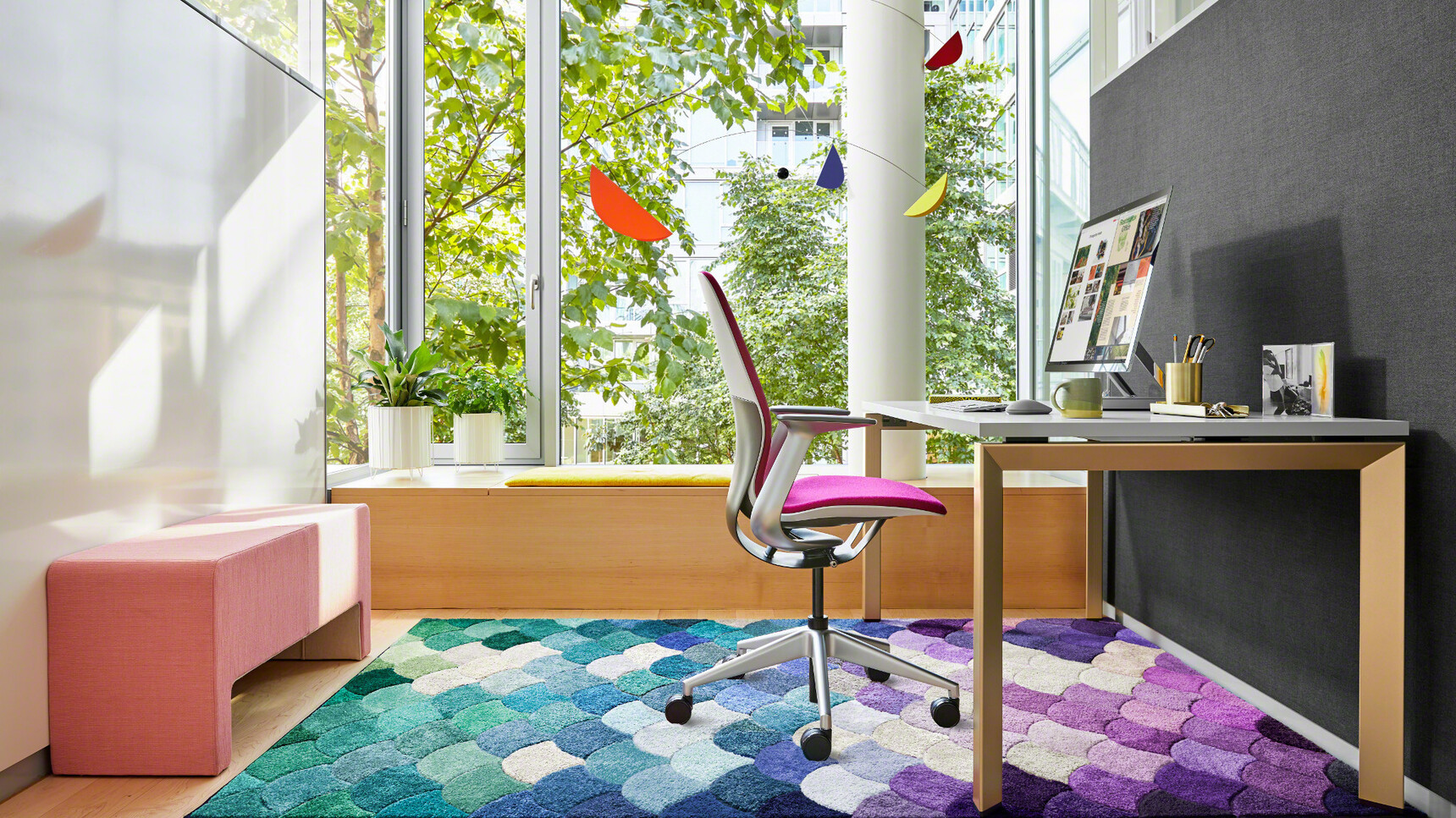 Steelcase Frameone Goalpost Leg Desk With White Top Light Brown Leg Finish SilQ Upholstered Office Chair Pink Upholstery White Grey Frame Base At Desk