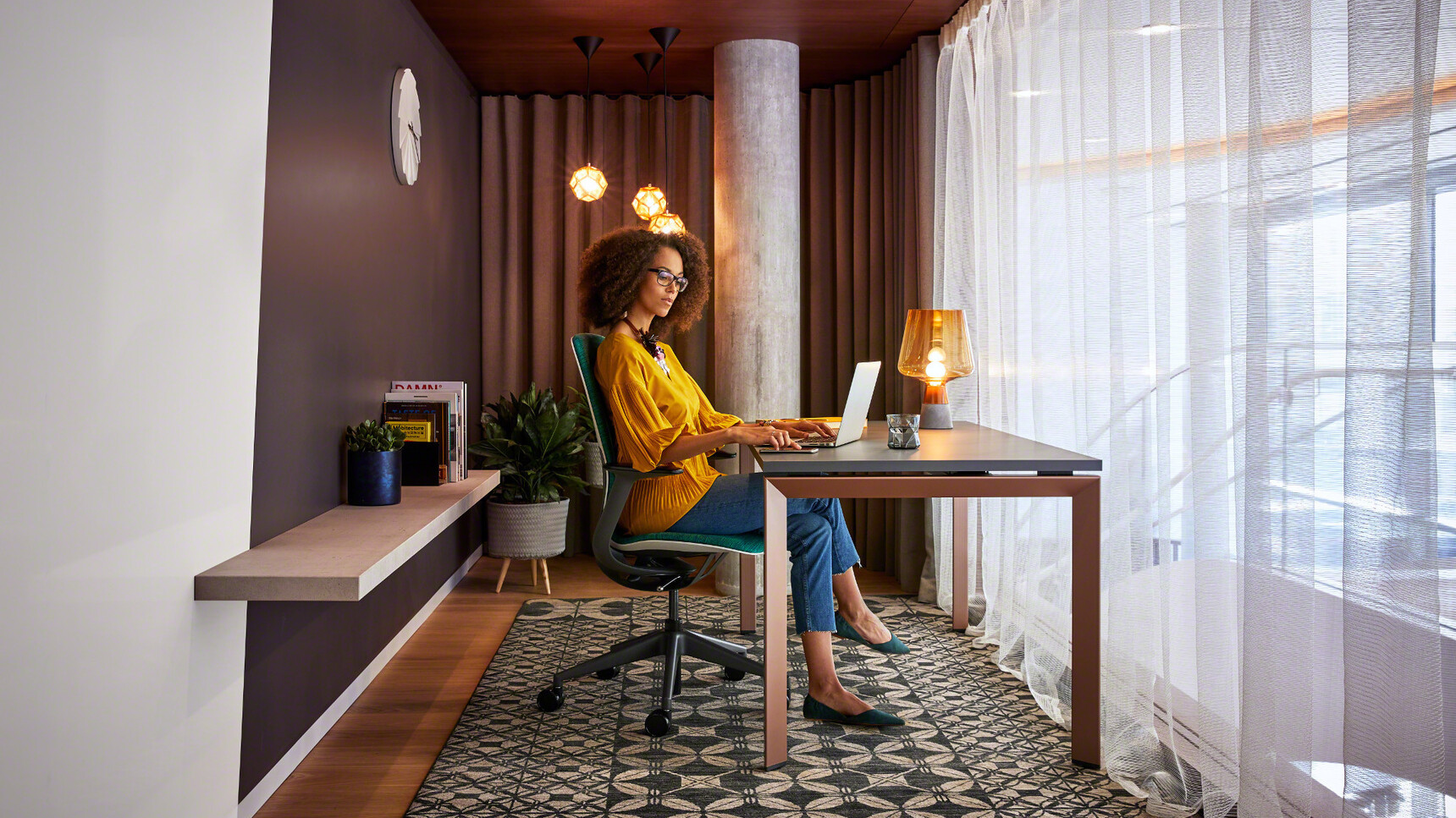 Steelcase Frameone Goalpost Leg Desk With Black Top Dark Brown Leg Finish SilQ Upholstered Office Chair Green Upholstery Black Frame Armrest Base At Desk