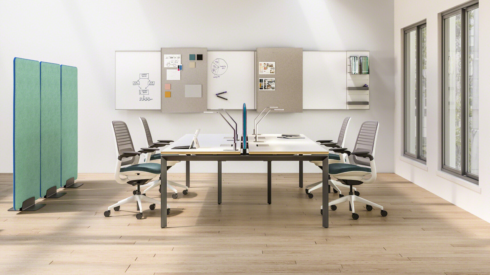 Steelcase Frameone Goalpost Leg Bench Desk White Top Finish Black Leg Finish Wood Edges Four Series One Chairs Dark Green Upholstery White Frame Grey Backrest At Desk