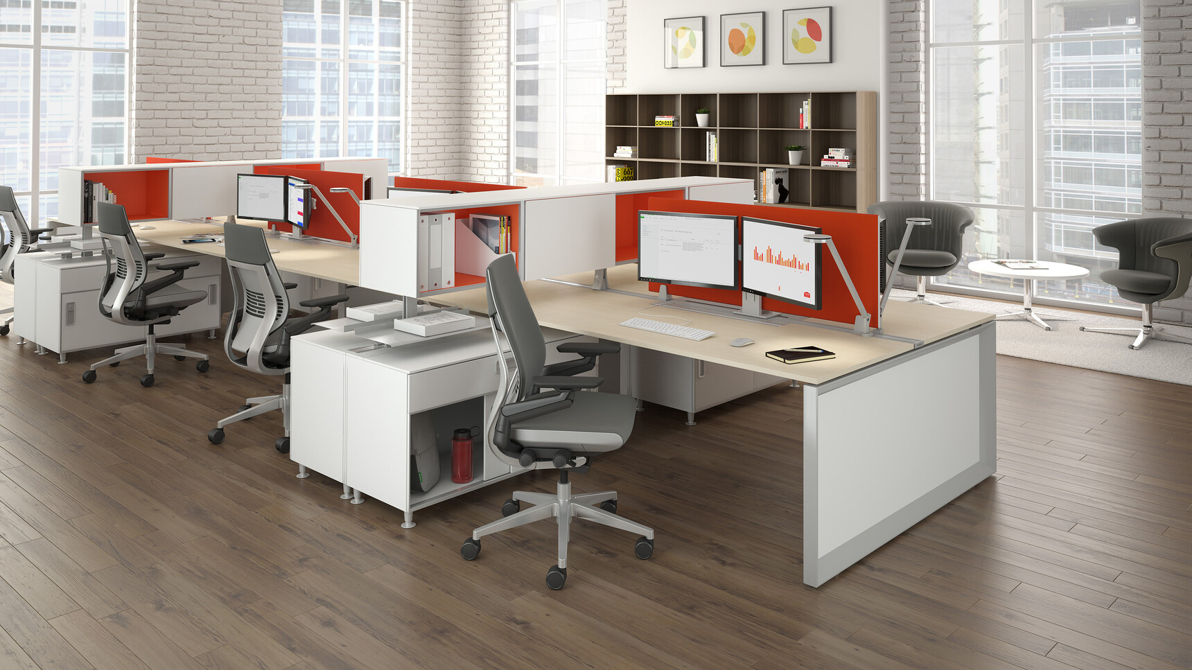 Steelcase Frameone Loop Leg Bench Desk With Wood Table Top Finish And Grey Metal Leg Finish With Privacy Screens In Orange Upholstery With Four Gesture Wrapped Back Office Chairs In Black Upholstery At Desk