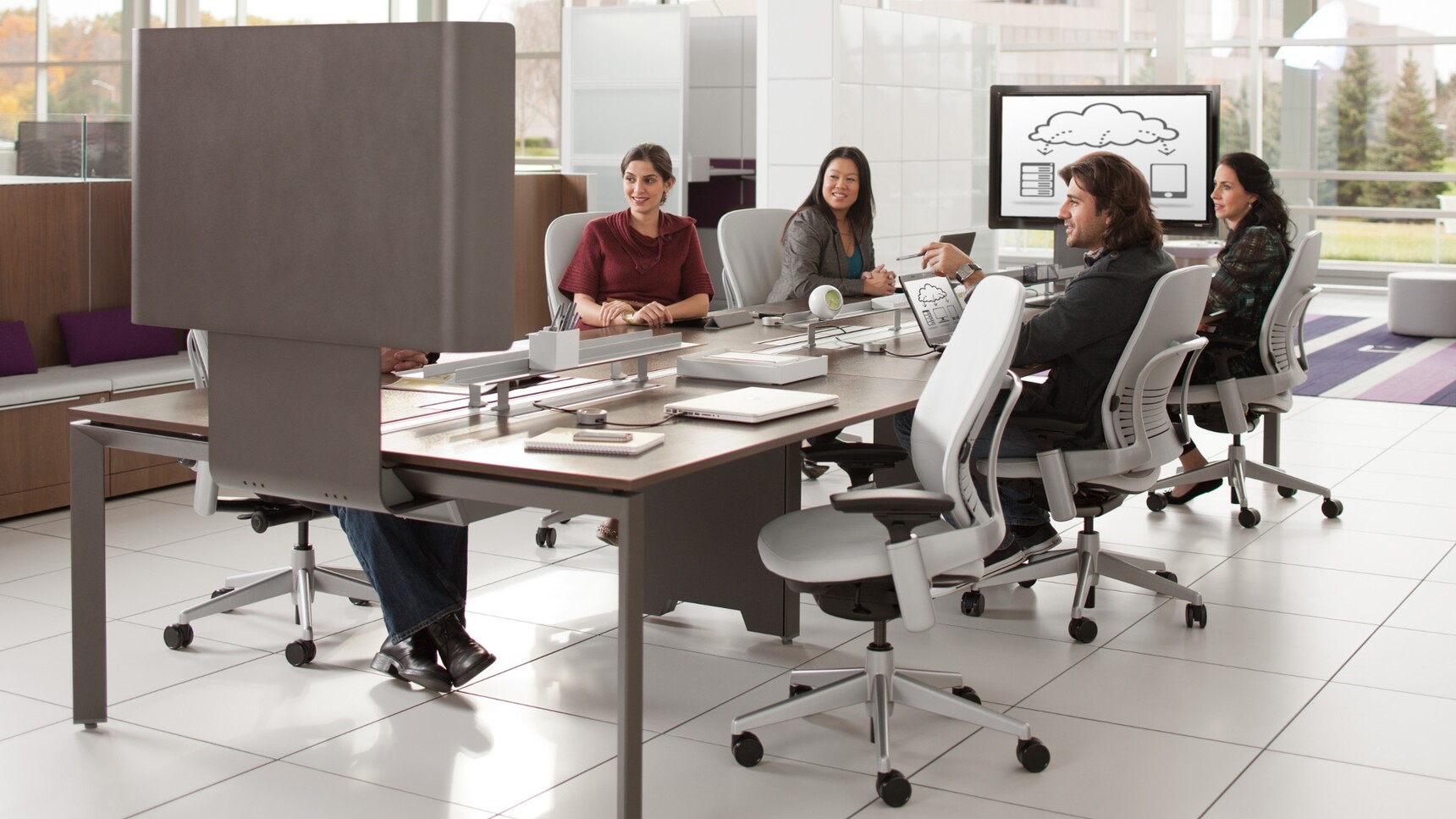 Steelcase Frameone Goalpost Leg Bench Desk Dark Top Black Leg Finish Six Leap Upholstered White Upholstery Grey Frame Polished Aluminium Base At Desk