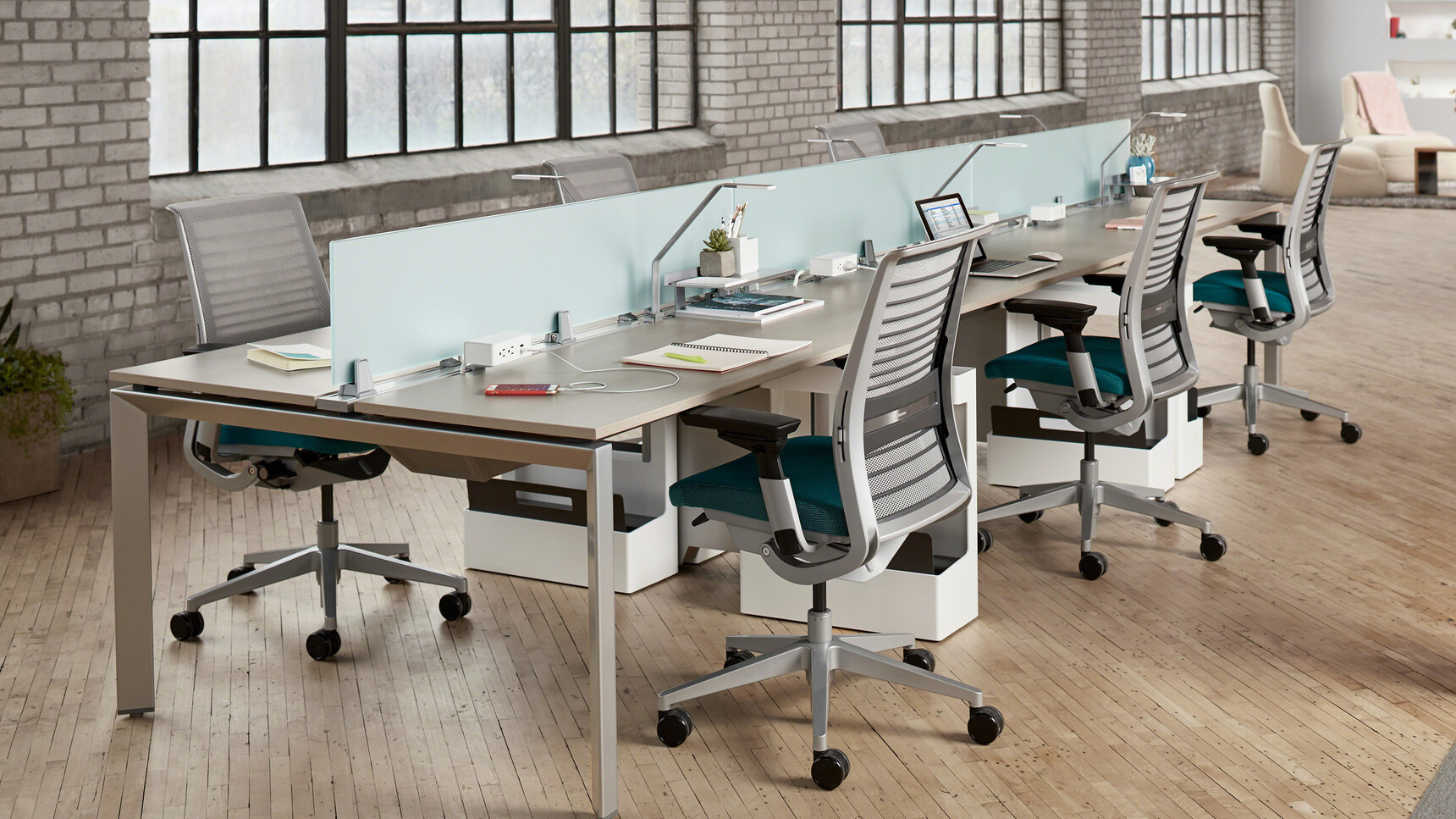 Steelcase Frameone Goalpost Leg Bench Desk Wood Top Grey Leg Finish Privacy Screens Six Think 3D Knit Back Dark Green Upholstery Grey Frame