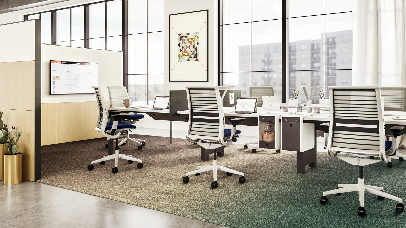 Steelcase Frameone Goalpost Leg Bench Desk White Top Black Leg Finish Seven Think 3D Knit Back Dark Blue Upholstery White Frame Base At Desk