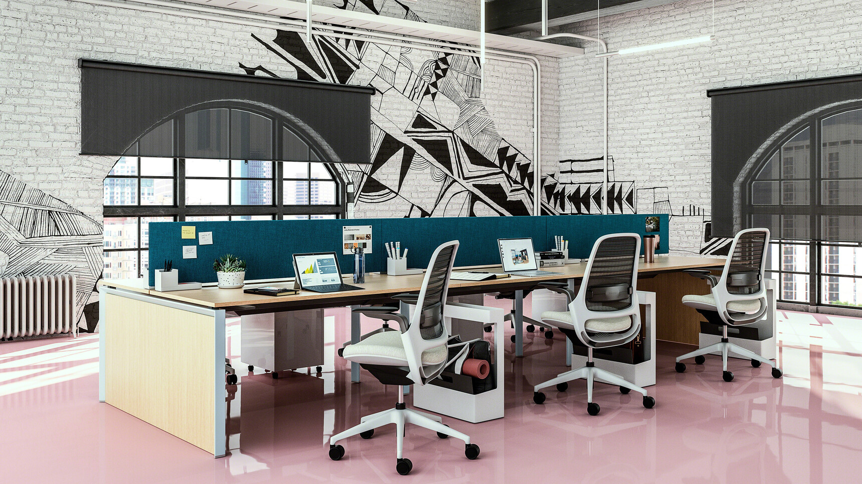 Steelcase Frameone Goalpost Leg Bench Desk With Wood Table Top Finish And Grey Leg Finish And Dark Blue Privacy Screen With Six Series One Office Chairs In Light Grey Upholstery And Grey Frame At Desk