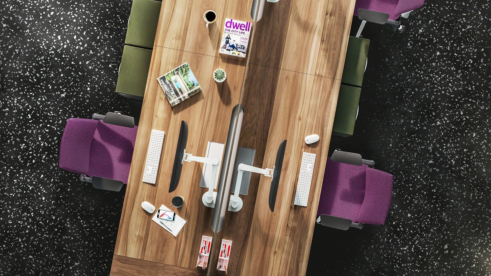 Steelcase Frameone Goalpost Leg Bench Desk With Wood Table Top Finish With Three Gesture Wrapped Back Office Chairs In Purple Upholstery Overhead Image
