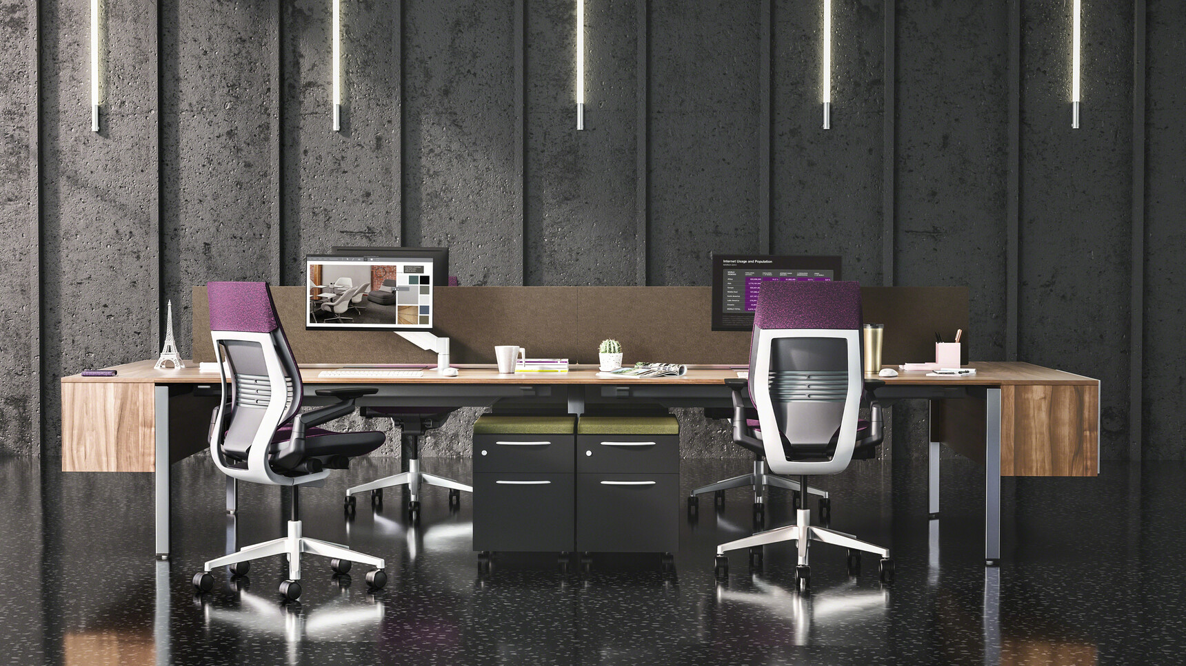 Steelcase Frameone Goalpost Leg Bench Desk Wood Top Black Leg Finish Four Gesture Wrapped Back Purple Upholstery Black Grey Frame At Desk