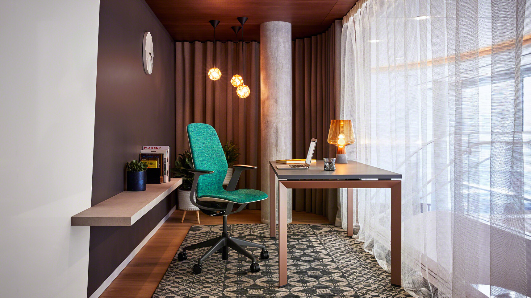 Steelcase Frameone Goalpost Leg Desk With Black Top Dark Brown Leg Finish SilQ Upholstered Office Chair Dark Green Upholstery Black Frame At Desk