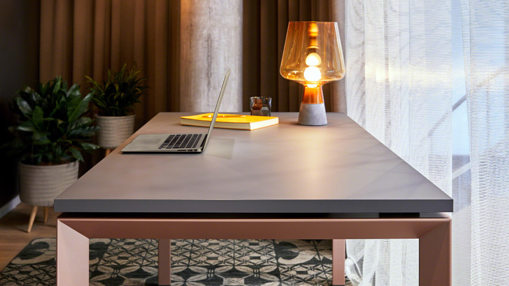 Steelcase Frameone Goalpost Leg Desk With Black Table Top Finish And Dark Brown Leg Finish Detail Image