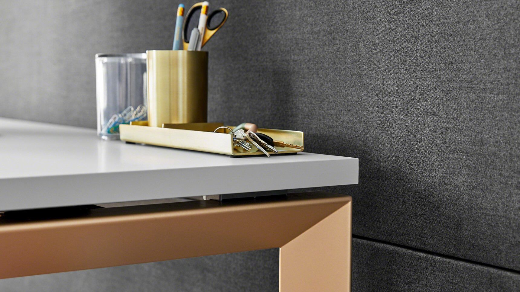 Steelcase Frameone Loop Leg Desk With Grey Table Top Finish And Light Brown Leg Finish Detail Image