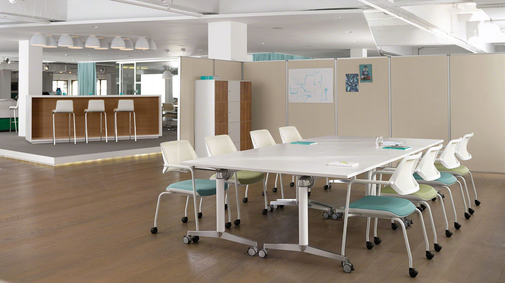 Eight Steelcase Qivi Four Leg Base Conference Chairs on Castors White Base White Fixed Arms Light Blue Upholstery Four Light Green Upholstery At Flip Top Twin Rectangular Table