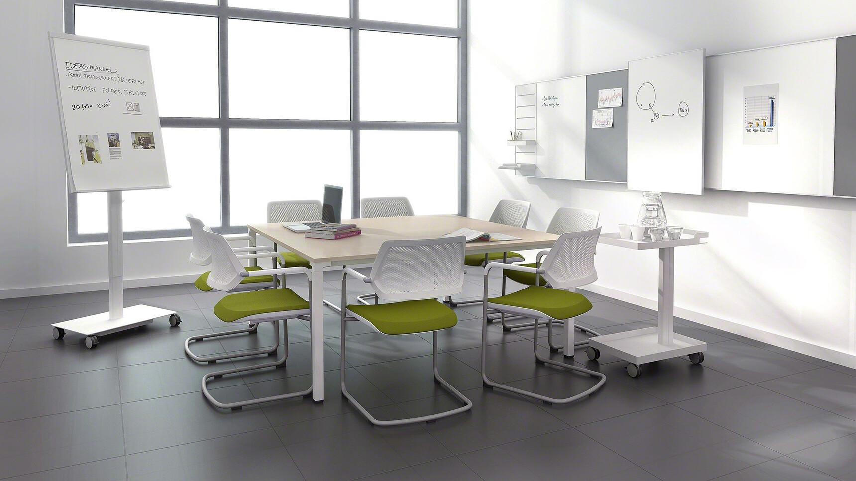 Eight Steelcase Qivi Sled Base Conference Chairs With Chrome Base Finish With White Fixed Arms And Backrest And Green Upholstery At Desk With Wood Finish In Meeting Room
